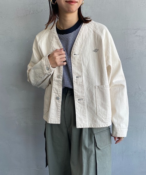 最終値下げDANTON ダントン コットン ノーカラージャケット ネイビー 40 DANTON/ダントン] フリース ノーカラージャケット（ノーカラー
