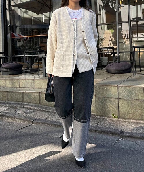 fredy emue(フレディエミュ)の「ファンシーツィードVカラージャケット(ノーカラージャケット・レディース・ブラック系その他/アイボリー/ネイビー・38)」の18枚目の写真