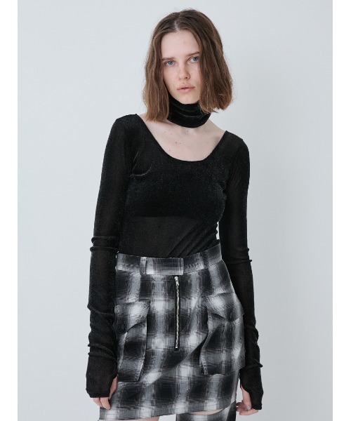 セール】Flocky Tulle Ballerina Neck Bodysuit/フロッキーチュール