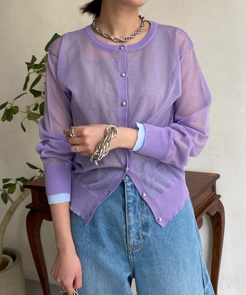 DouDou（ドゥドゥ）の「【WEB限定】 ダブルカフスシアークルーカーディガン（カーディガン/ボレロ・レディース・グリーン/オフホワイト/バイオレット/ブラック・FREE）」の4枚目の写真