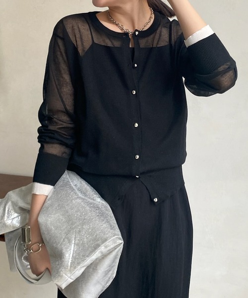 DouDou（ドゥドゥ）の「【WEB限定】 ダブルカフスシアークルーカーディガン（カーディガン/ボレロ・レディース・グリーン/オフホワイト/バイオレット/ブラック・FREE）」の2枚目の写真