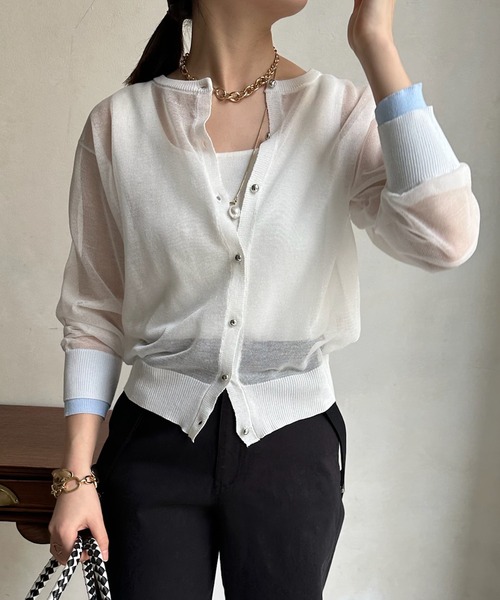 DouDou（ドゥドゥ）の「【WEB限定】 ダブルカフスシアークルーカーディガン（カーディガン/ボレロ・レディース・グリーン/オフホワイト/バイオレット/ブラック・FREE）」の19枚目の写真