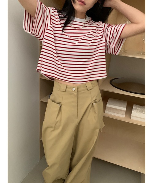 Didot.showroom(ディドット ショールーム)の「【DIDOT.】ボーダー配色クロップドT(Tシャツ/カットソー・レディース・レッド/ホワイト/ブラック・FREE)」の1枚目の写真