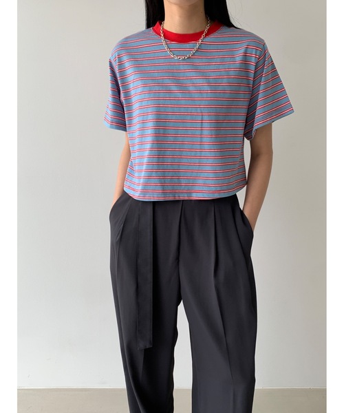 Didot.showroom(ディドット ショールーム)の「【DIDOT.】ボーダー配色クロップドT(Tシャツ/カットソー・レディース・レッド/ホワイト/ブラック・FREE)」の5枚目の写真