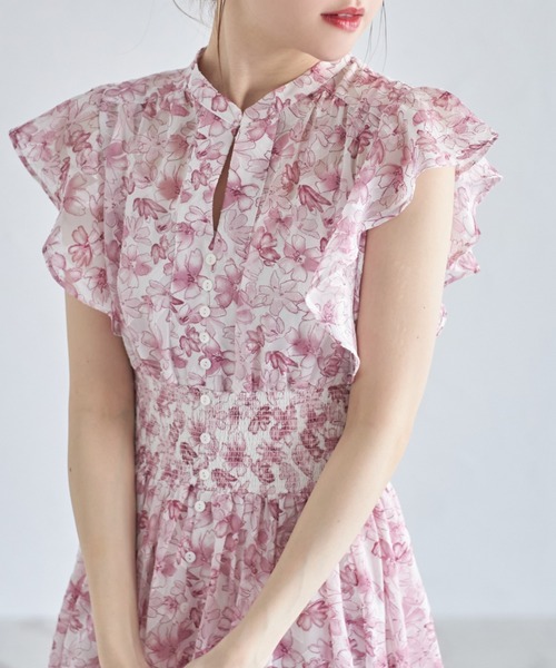 【セール】ペチコート付きシアージャガード×フラワープリントシャーリングワンピース（ワンピース）｜tocco closet（トッコ クローゼット）