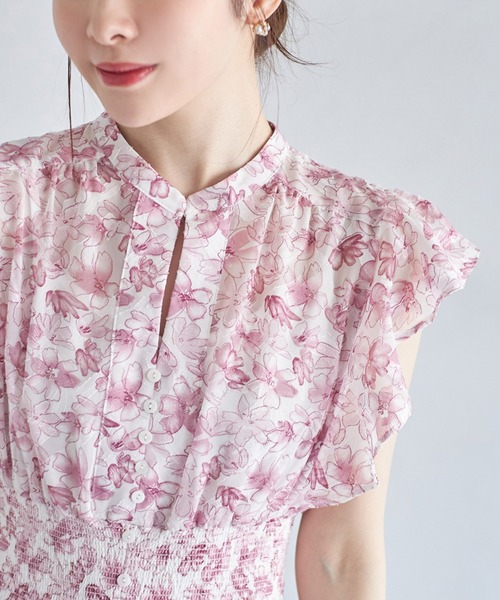 【セール】ペチコート付きシアージャガード×フラワープリントシャーリングワンピース（ワンピース）｜tocco closet（トッコ クローゼット）