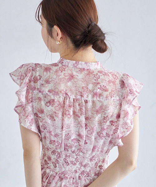 【セール】ペチコート付きシアージャガード×フラワープリントシャーリングワンピース（ワンピース）｜tocco closet（トッコ クローゼット）