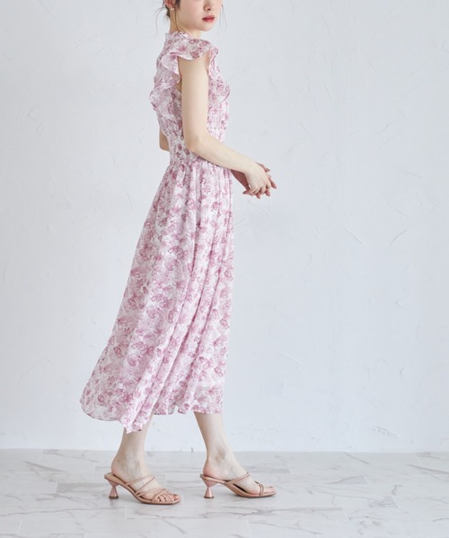 【セール】ペチコート付きシアージャガード×フラワープリントシャーリングワンピース（ワンピース）｜tocco closet（トッコ クローゼット）