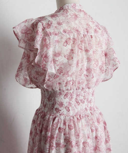 【セール】ペチコート付きシアージャガード×フラワープリントシャーリングワンピース（ワンピース）｜tocco closet（トッコ クローゼット）