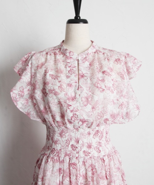 【セール】ペチコート付きシアージャガード×フラワープリントシャーリングワンピース（ワンピース）｜tocco closet（トッコ クローゼット）