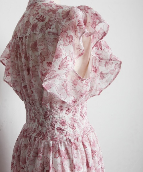 【セール】ペチコート付きシアージャガード×フラワープリントシャーリングワンピース（ワンピース）｜tocco closet（トッコ クローゼット）