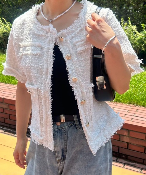 mebole(メボレ)の「サマーツイード半袖ジャケット(ノーカラージャケット・レディース・ホワイト/ピンク/ブルー・FREE)」の3枚目の写真