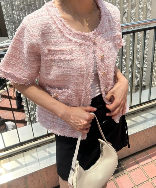mebole(メボレ)の「サマーツイード半袖ジャケット(ノーカラージャケット・レディース・ホワイト/ピンク/ブルー・FREE)」の4枚目の写真