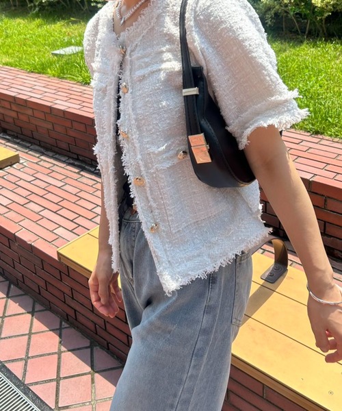 mebole(メボレ)の「サマーツイード半袖ジャケット(ノーカラージャケット・レディース・ホワイト/ピンク/ブルー・FREE)」の6枚目の写真