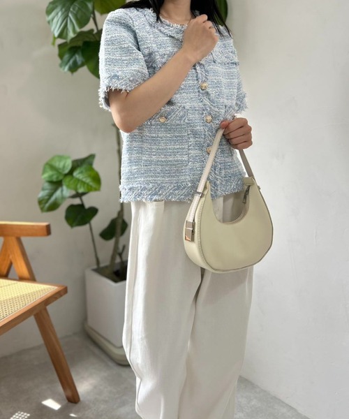 ［新品タグ付き］サラッと軽いサマーツイード半袖ジャケット セール】＜薄手＞サマーツイード 半袖ジャケット/金ボタン