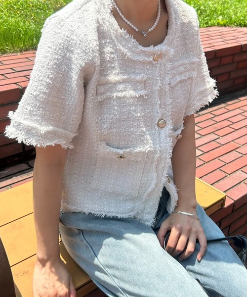 mebole(メボレ)の「サマーツイード半袖ジャケット(ノーカラージャケット・レディース・ホワイト/ピンク/ブルー・FREE)」の18枚目の写真