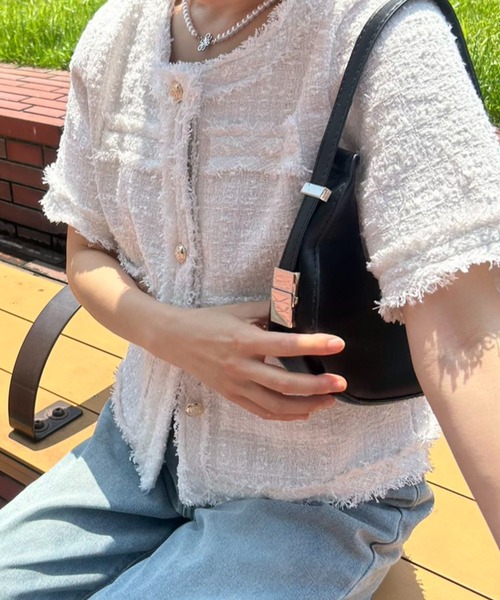 mebole(メボレ)の「サマーツイード半袖ジャケット(ノーカラージャケット・レディース・ホワイト/ピンク/ブルー・FREE)」の15枚目の写真