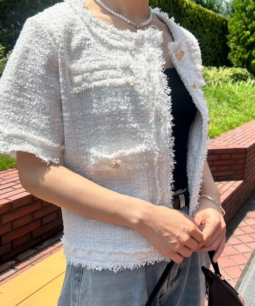 mebole(メボレ)の「サマーツイード半袖ジャケット(ノーカラージャケット・レディース・ホワイト/ピンク/ブルー・FREE)」の14枚目の写真