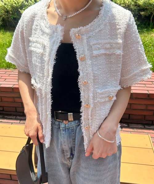 mebole(メボレ)の「サマーツイード半袖ジャケット(ノーカラージャケット・レディース・ホワイト/ピンク/ブルー・FREE)」の12枚目の写真