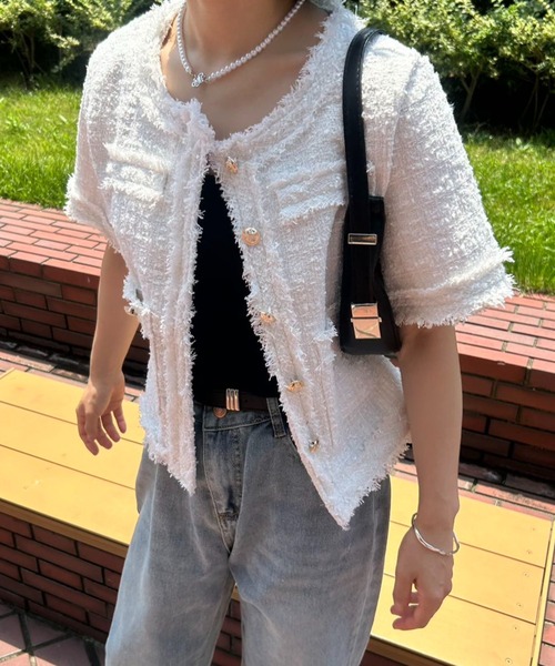 mebole(メボレ)の「サマーツイード半袖ジャケット(ノーカラージャケット・レディース・ホワイト/ピンク/ブルー・FREE)」の11枚目の写真