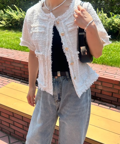 mebole(メボレ)の「サマーツイード半袖ジャケット(ノーカラージャケット・レディース・ホワイト/ピンク/ブルー・FREE)」の10枚目の写真