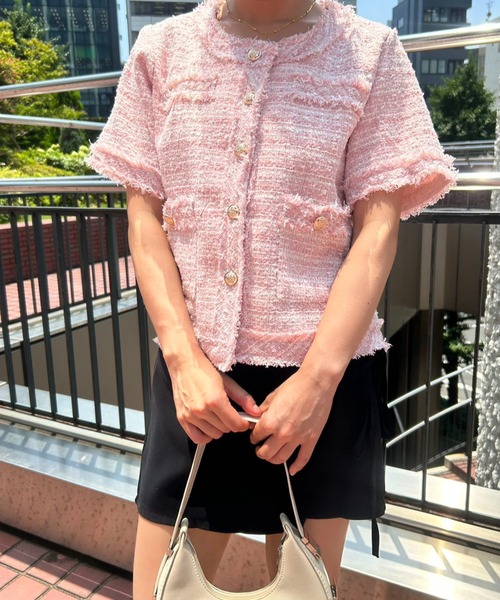 サマーツイード半袖ジャケット（ノーカラージャケット）｜mebole