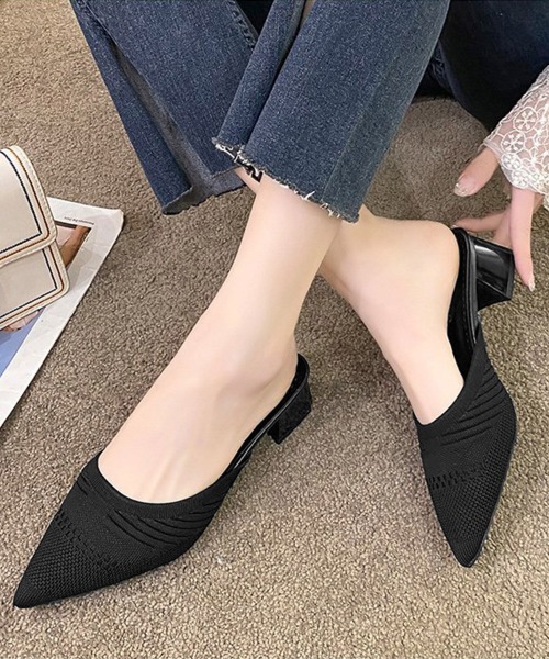 Miniministore(ミニミニストア)の「ニットミュールパンプス チャンキーヒール(パンプス・レディース・ブラック/ライトベージュ・24.5cm/24.0cm/23.5cm/23.0cm/22.5cm)」の1枚目の写真