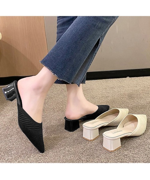 Miniministore(ミニミニストア)の「ニットミュールパンプス チャンキーヒール(パンプス・レディース・ブラック/ライトベージュ・24.5cm/24.0cm/23.5cm/23.0cm/22.5cm)」の4枚目の写真
