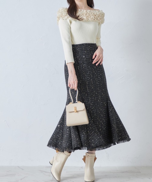 tocco closet(トッコ クローゼット)の「バックレースアップコルセット風スパンコールツイードマーメイドスカート(スカート・レディース・ブラック/アイボリー・M)」の12枚目の写真
