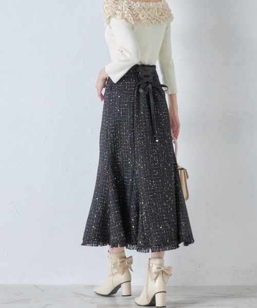 tocco closet(トッコ クローゼット)の「バックレースアップコルセット風スパンコールツイードマーメイドスカート(スカート・レディース・ブラック/アイボリー・M)」の14枚目の写真