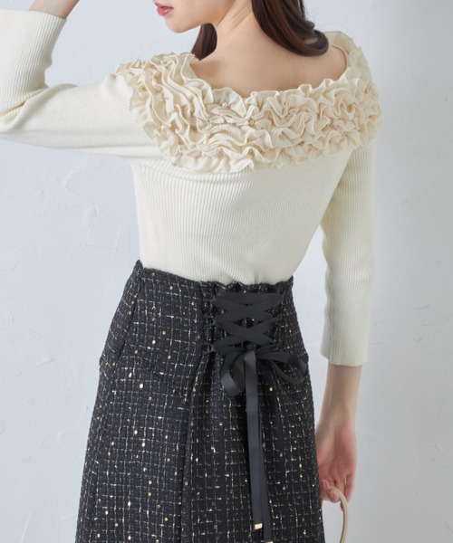 tocco closet(トッコ クローゼット)の「バックレースアップコルセット風スパンコールツイードマーメイドスカート(スカート・レディース・ブラック/アイボリー・M)」の16枚目の写真