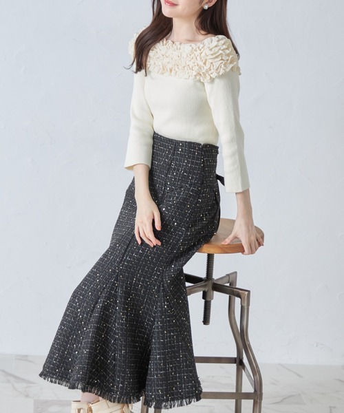 tocco closet(トッコ クローゼット)の「バックレースアップコルセット風スパンコールツイードマーメイドスカート(スカート・レディース・ブラック/アイボリー・M)」の18枚目の写真