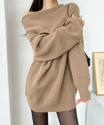 オフショルダー畦編みチュニックニットプルオーバー