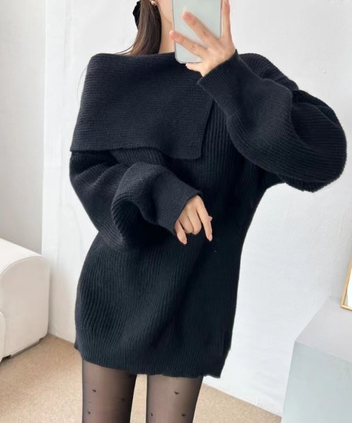 ECLIN(エクラン)の「オフショルダー畦編みチュニックニットプルオーバー(ニット/セーター・レディース・ブラック/ベージュ・FREE)」の1枚目の写真
