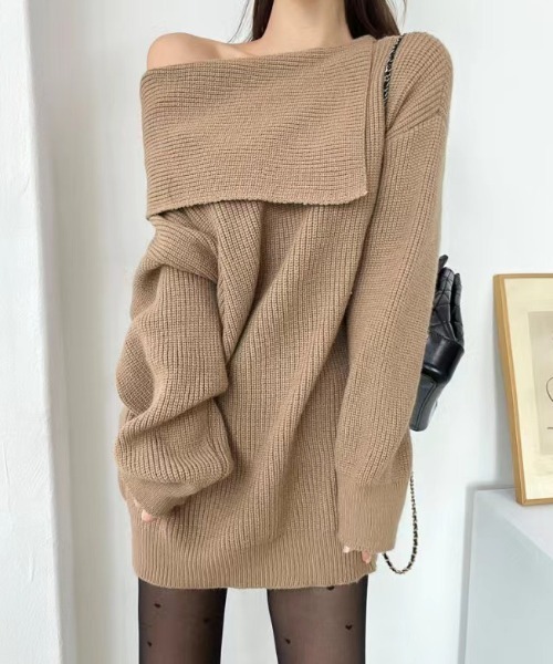 ECLIN(エクラン)の「オフショルダー畦編みチュニックニットプルオーバー(ニット/セーター・レディース・ブラック/ベージュ・FREE)」の6枚目の写真