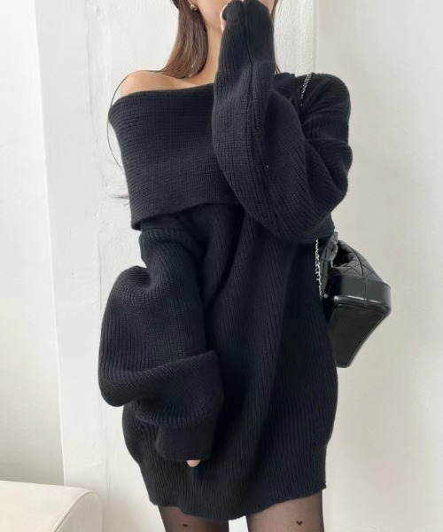 ECLIN(エクラン)の「オフショルダー畦編みチュニックニットプルオーバー(ニット/セーター・レディース・ブラック/ベージュ・FREE)」の11枚目の写真
