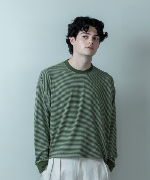 Be.Nection（ビネクション）の「SHORT CUT MULTI BODER LONG SLEEVE T-HIRTS/ショートカットマルチボーダーロンT（Tシャツ/カットソー・メンズ・カーキ/ホワイト系その他・MEDIUM/LARGE）」の2枚目の写真