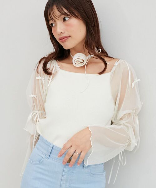 MAJESTIC LEGON(マジェスティックレゴン)の「チュールリボンスリーブニット(ニット/セーター・レディース・ブラック/アイボリー/ピンクベージュ・MEDIUM)」の6枚目の写真