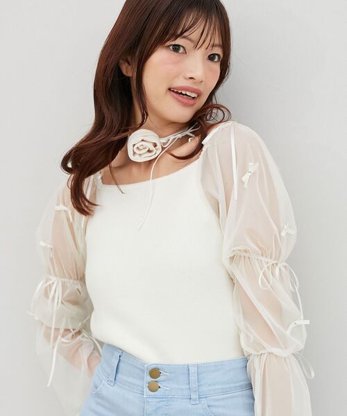 MAJESTIC LEGON(マジェスティックレゴン)の「チュールリボンスリーブニット(ニット/セーター・レディース・ブラック/アイボリー/ピンクベージュ・MEDIUM)」の7枚目の写真