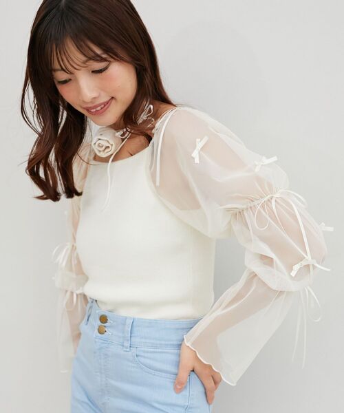 MAJESTIC LEGON(マジェスティックレゴン)の「チュールリボンスリーブニット(ニット/セーター・レディース・ブラック/アイボリー/ピンクベージュ・MEDIUM)」の8枚目の写真