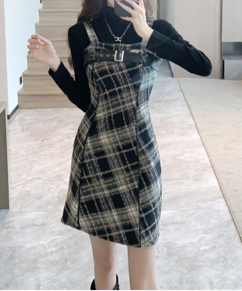 Y2K チェック柄スイッチングロングキャミワンピース（ワンピース