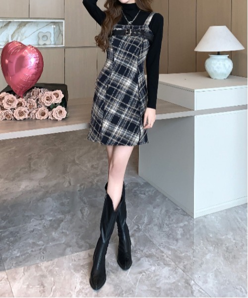セール】Y2K チェック柄スイッチングロングキャミワンピース