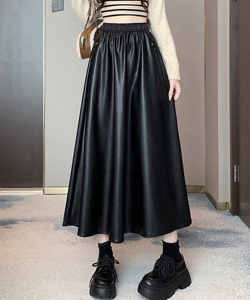 Lace Ladies(レースレディース)の「ハイウエスト レザー調 Aライン イージー スカート(スカート・レディース・ブラック/ベージュ/ブラウン・S/M/XL)」の4枚目の写真