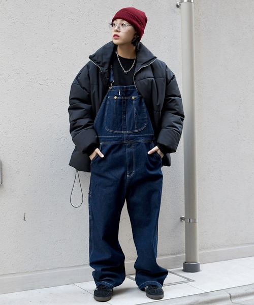 セール】vintage like work design loose fit denim overalls
