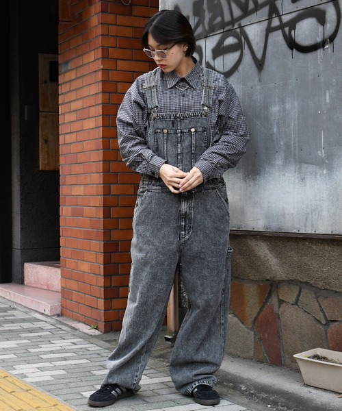 セール】vintage like work design loose fit denim overalls