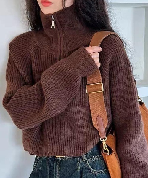 Vipoa（ヴィポア）の「シンプルハーフジップニット（ニット/セーター・レディース・ブラック/レッド/ブラウン/ホワイト・FREE）」の3枚目の写真