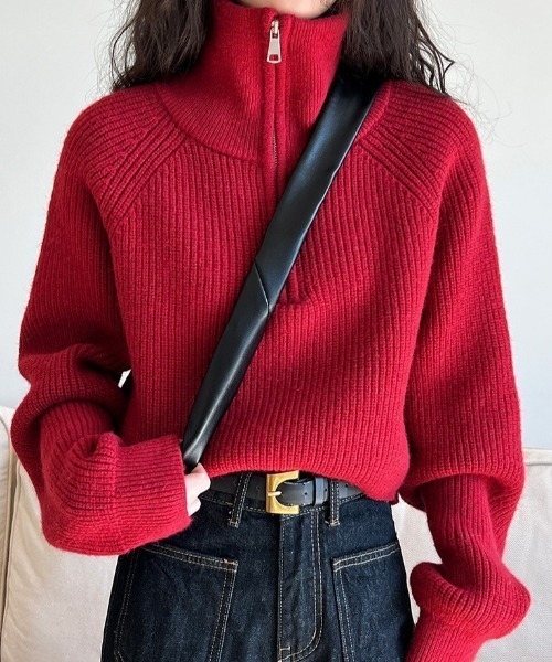 Vipoa（ヴィポア）の「シンプルハーフジップニット（ニット/セーター・レディース・ブラック/レッド/ブラウン/ホワイト・FREE）」の4枚目の写真