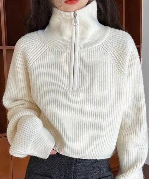 Vipoa（ヴィポア）の「シンプルハーフジップニット（ニット/セーター・レディース・ブラック/レッド/ブラウン/ホワイト・FREE）」の2枚目の写真