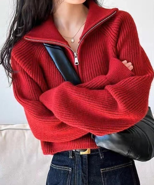 Vipoa（ヴィポア）の「シンプルハーフジップニット（ニット/セーター・レディース・ブラック/レッド/ブラウン/ホワイト・FREE）」の14枚目の写真