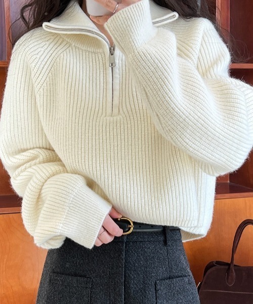 Vipoa（ヴィポア）の「シンプルハーフジップニット（ニット/セーター・レディース・ブラック/レッド/ブラウン/ホワイト・FREE）」の5枚目の写真